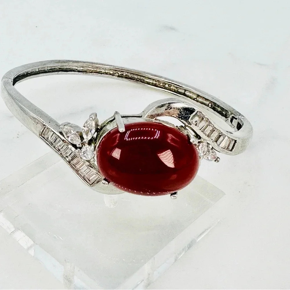 Burgundy Cabochon Glass Bracelet Baguette Rhinestone Silver Tone Hinged … - Picture 1 of 10